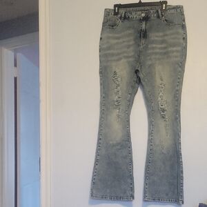SHEIN Light Blue Distressed Flare Jeans